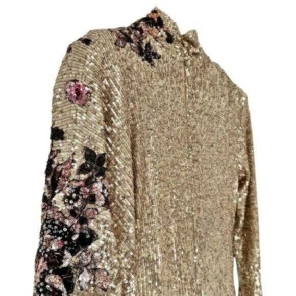 Redemption Runway Gold Sequin Draped Floral Turtleneck Mini Dress Size L - Picture 9 of 16